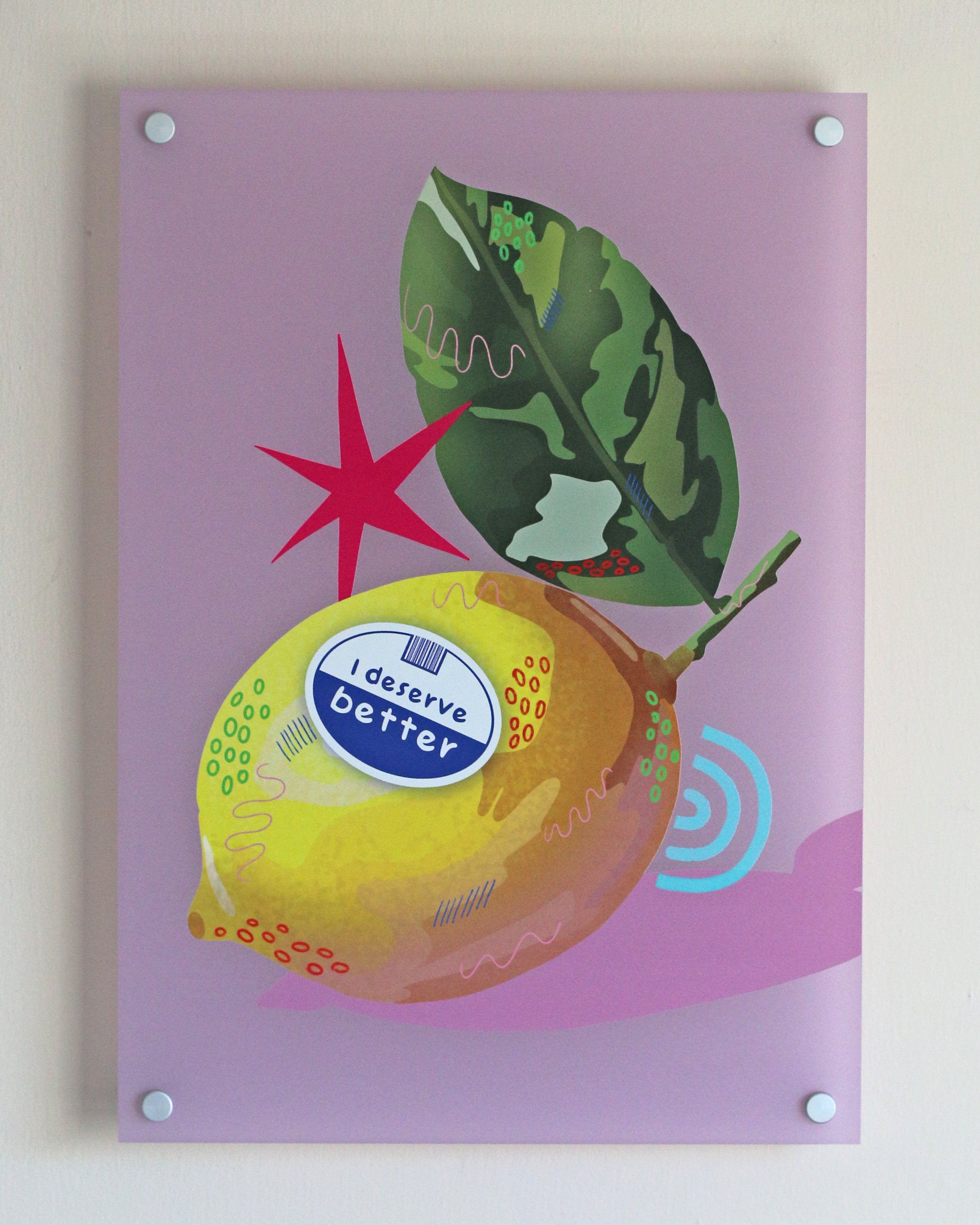 Decorative panel with a lemon graphic and 'I deserve better' label on a purple background