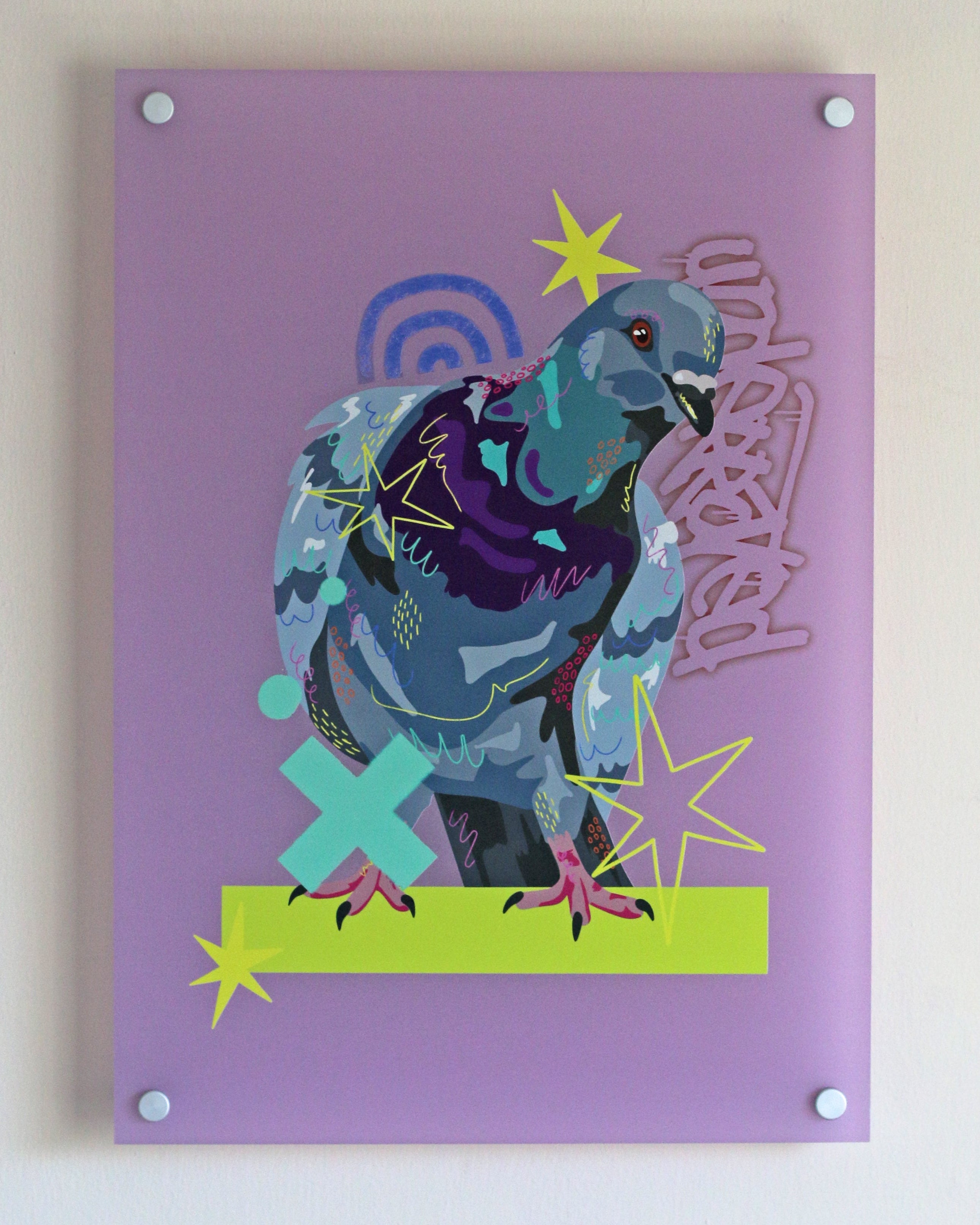 Colorful pigeon illustration on a purple background with decorative elements