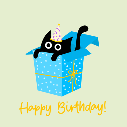 A cute birthday illustration featuring a black cat peeking out of a blue gift box with white polka dots, wearing a purple party hat. Below the box, the words 'Happy Birthday!' are written in yellow script on a pale yellow-green background.