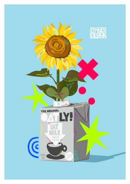 A stylized graphic illustration featuring a large yellow sunflower growing out of an oatly milk carton, with bright green stars, pink accents, and a light blue background. A 'DYNES DESIGN' logo mark appears in the top right.