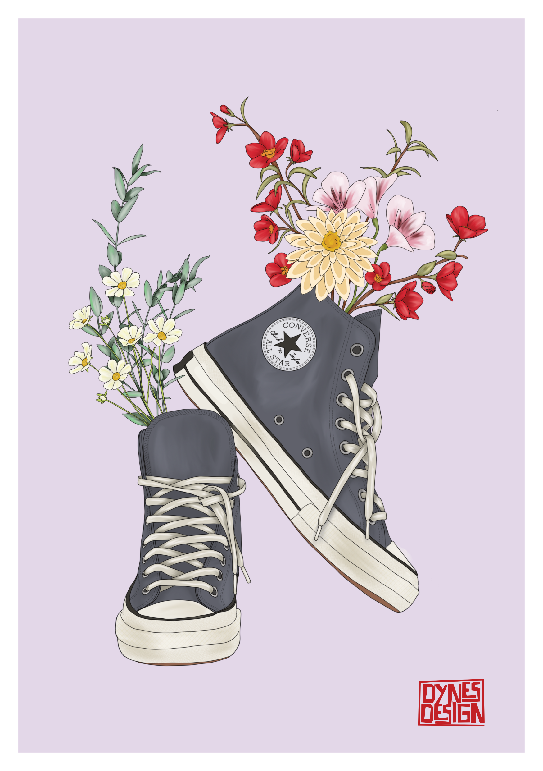 Gray high-top sneakers with white soles and laces, filled with flowers on a light purple background, featuring the brand 'Dynes Design'.
