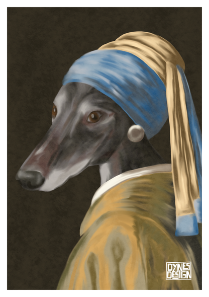 A stylized portrait of a greyhound dog dressed in a classical painting style, wearing a blue headscarf with a pearl earring and a gold robe against a dark brown background. A 'Dynes Design' logo is visible in the bottom right corner.