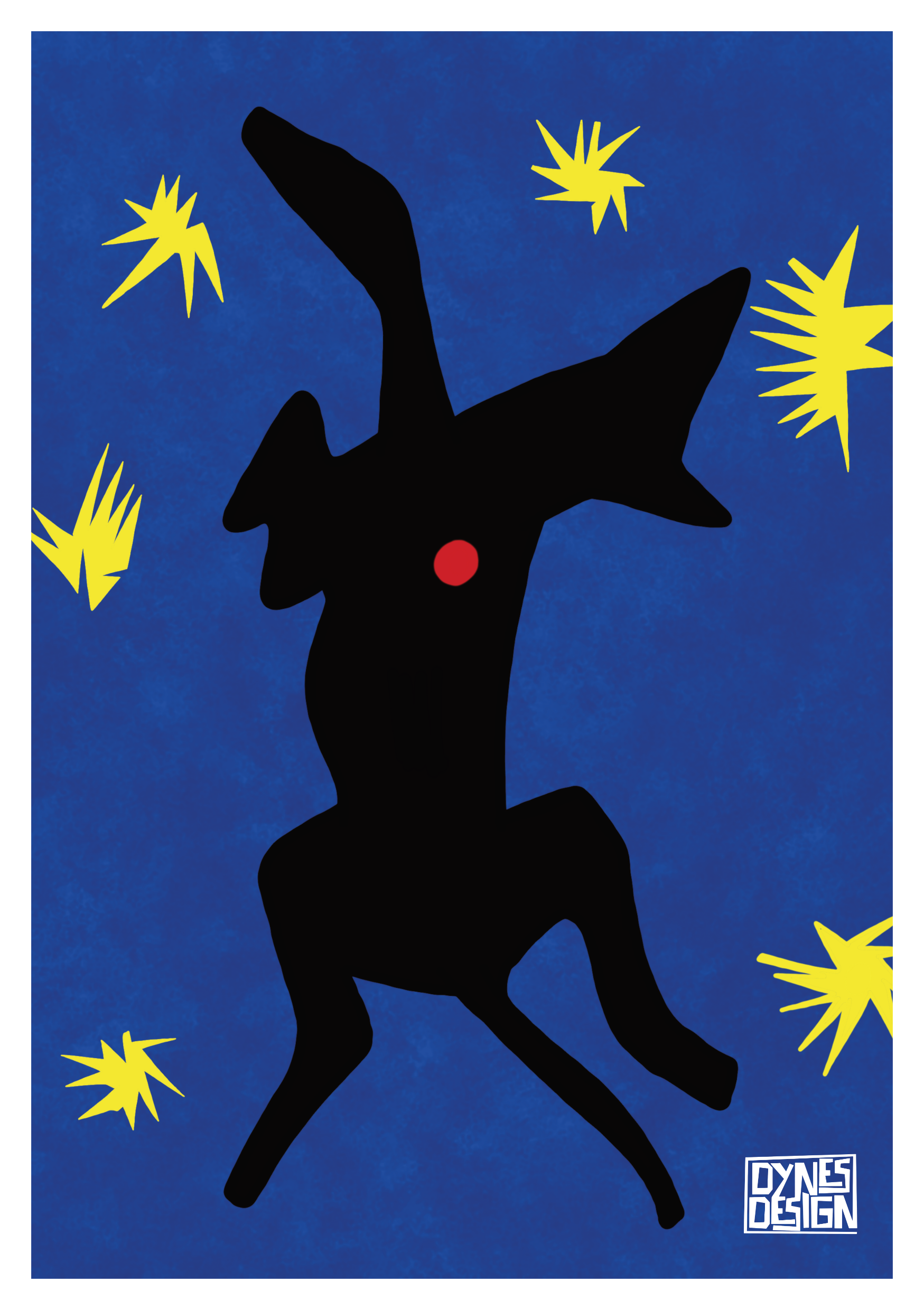 A stylized art print featuring a black silhouette of a greyhound on a textured blue background, accented with yellow starbursts and a small red dot on the dogs chest. A parody of the famous painting Icarus by Matisse. A 'DYNES DESIGN' logo is visible in the bottom right corner.