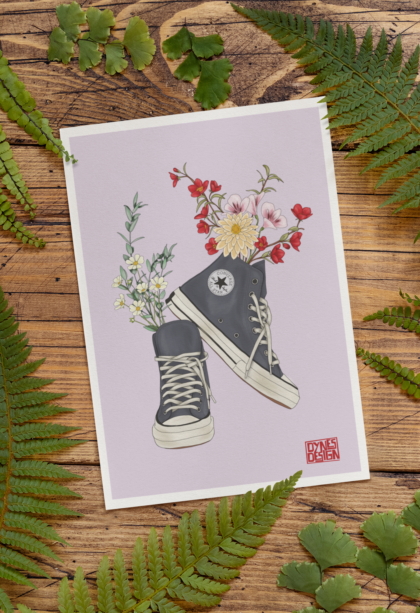 Illustration of black Converse shoes with flowers on a wooden background