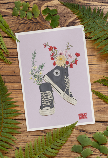 Illustration of black Converse shoes with flowers on a wooden background