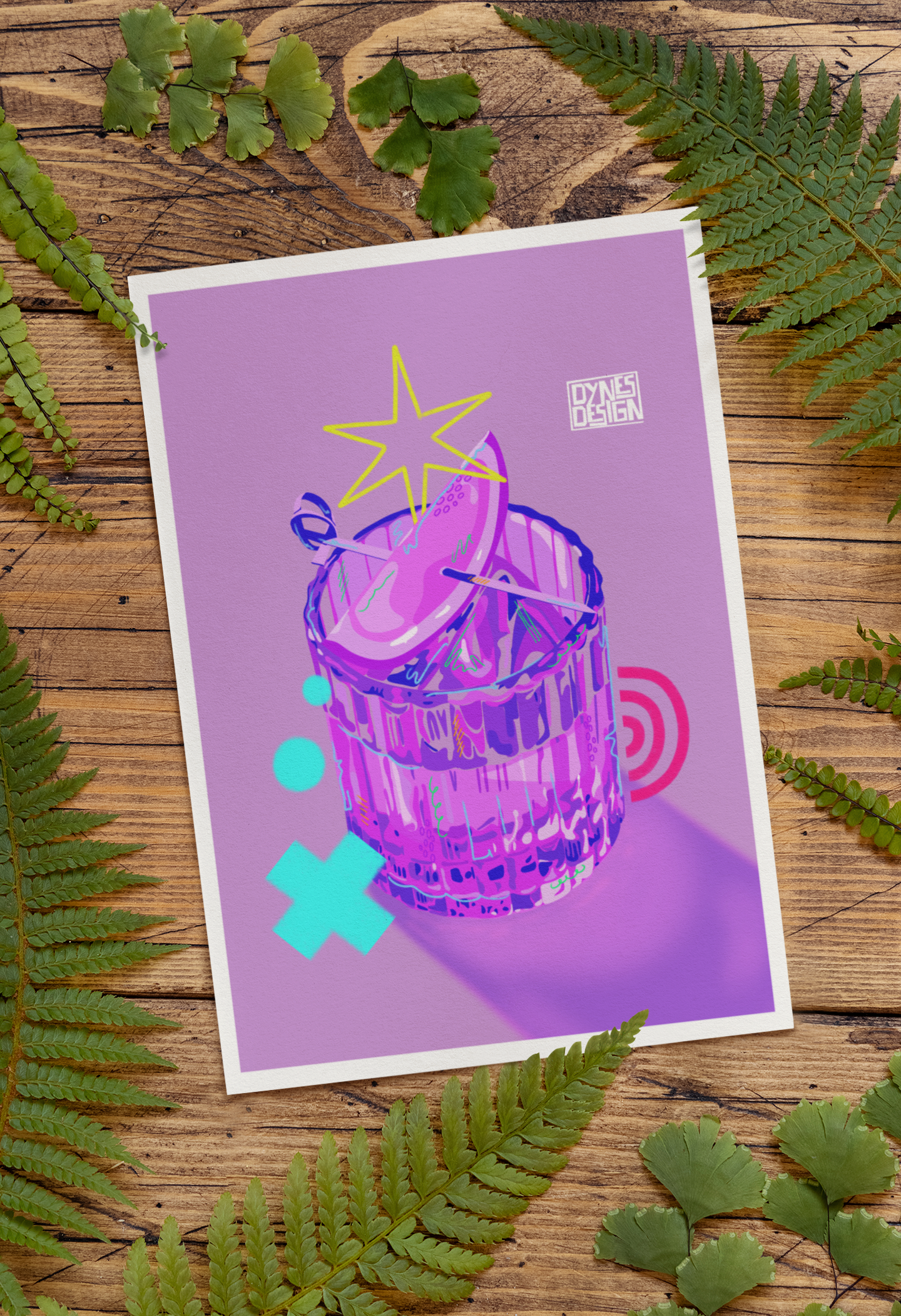 An art print with a white border, featuring a stylized purple cocktail glass illustration on a lavender background, styled flat-lay on a rustic wooden surface surrounded by green fern leaves.