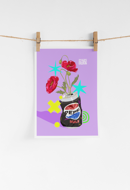 A vertical art print featuring a stylized illustration of red poppies blooming from a black Pepsi Max can, set against a lavender background. The print is hung from a string with two wooden clothespins against a plain white wall.