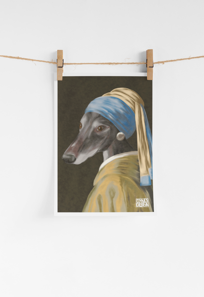 A vertical art print depicting a greyhound dog in the style of Vermeer's Girl with a Pearl Earring, hanging from a string with two wooden clothespins against a white wall.