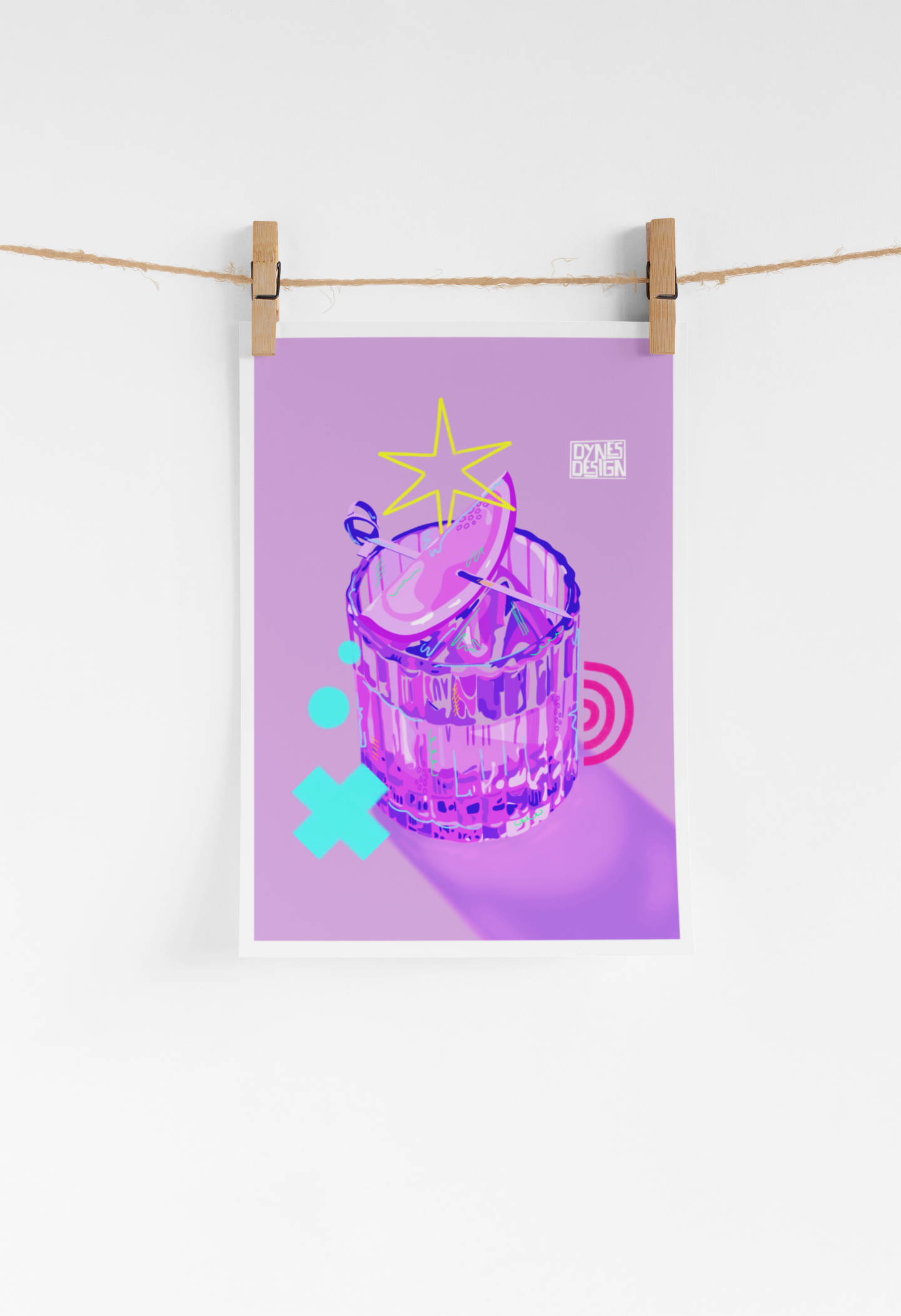 A vertical art print featuring a stylized purple cocktail glass illustration, hanging from a string with two wooden clothespins against a white wall.