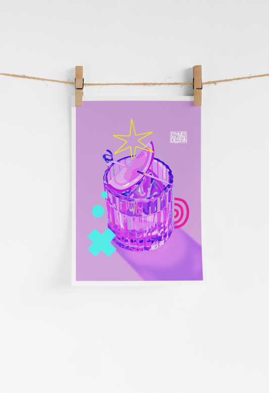 A vertical art print featuring a stylized purple cocktail glass illustration, hanging from a string with two wooden clothespins against a white wall.