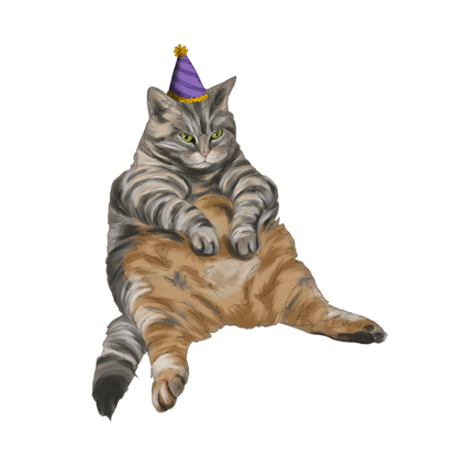 A stylized illustration of a gray tabby cat sitting upright with its front paws crossed over its belly, wearing a purple party hat with a gold pom-pom. The cat is centered on a plain white background.