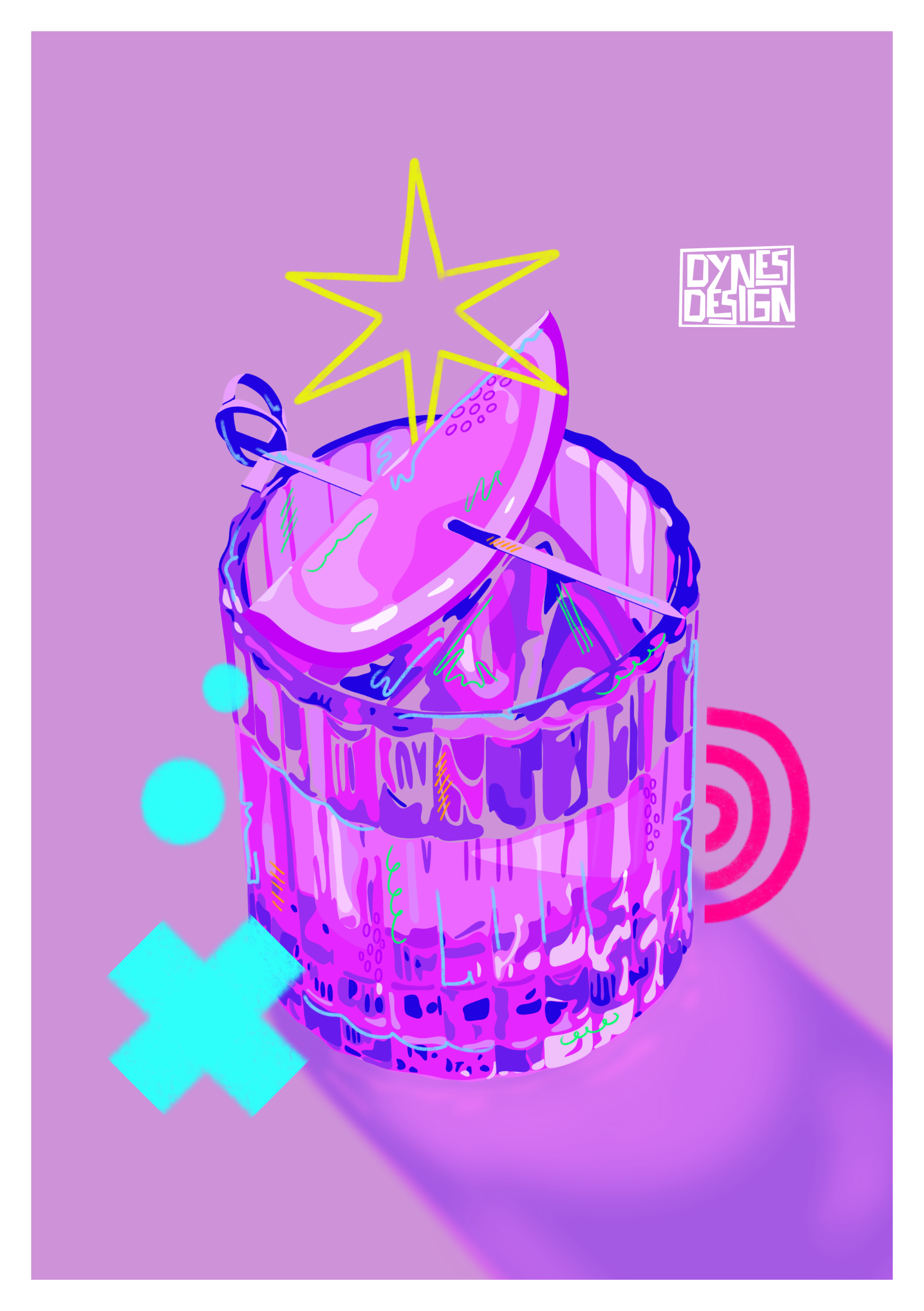 A stylized pop-art illustration of a pink and purple cocktail in a faceted glass, with a yellow star garnish and a pink citrus slice, on a lavender background with abstract cyan and magenta shapes.