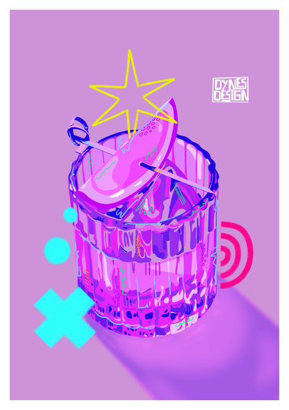A stylized pop-art illustration of a pink and purple cocktail in a faceted glass, with a yellow star garnish and a pink citrus slice, on a lavender background with abstract cyan and magenta shapes.