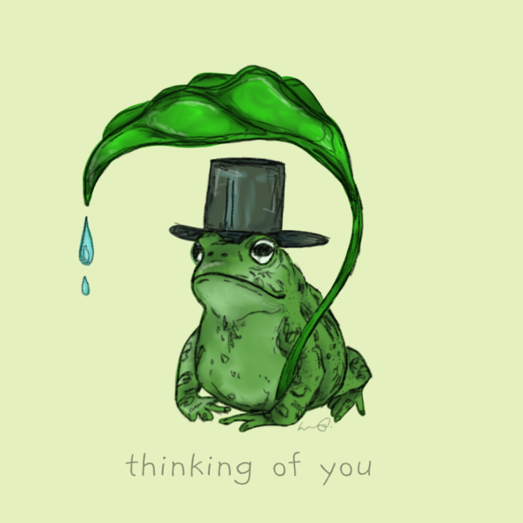 A whimsical illustration of a green frog wearing a black top hat under a large green leaf with a single blue tear hanging from it, on a pale yellow-green background. The text 'thinking of you' appears below.