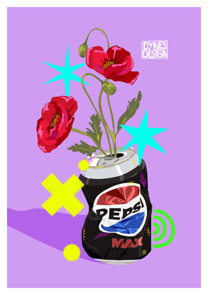 A stylized pop-art illustration of a black Pepsi Max can with red poppies growing out of it, set against a lavender background with bright cyan, yellow, and green geometric shapes. The 'Dynes Design' logo is visible in the top right.