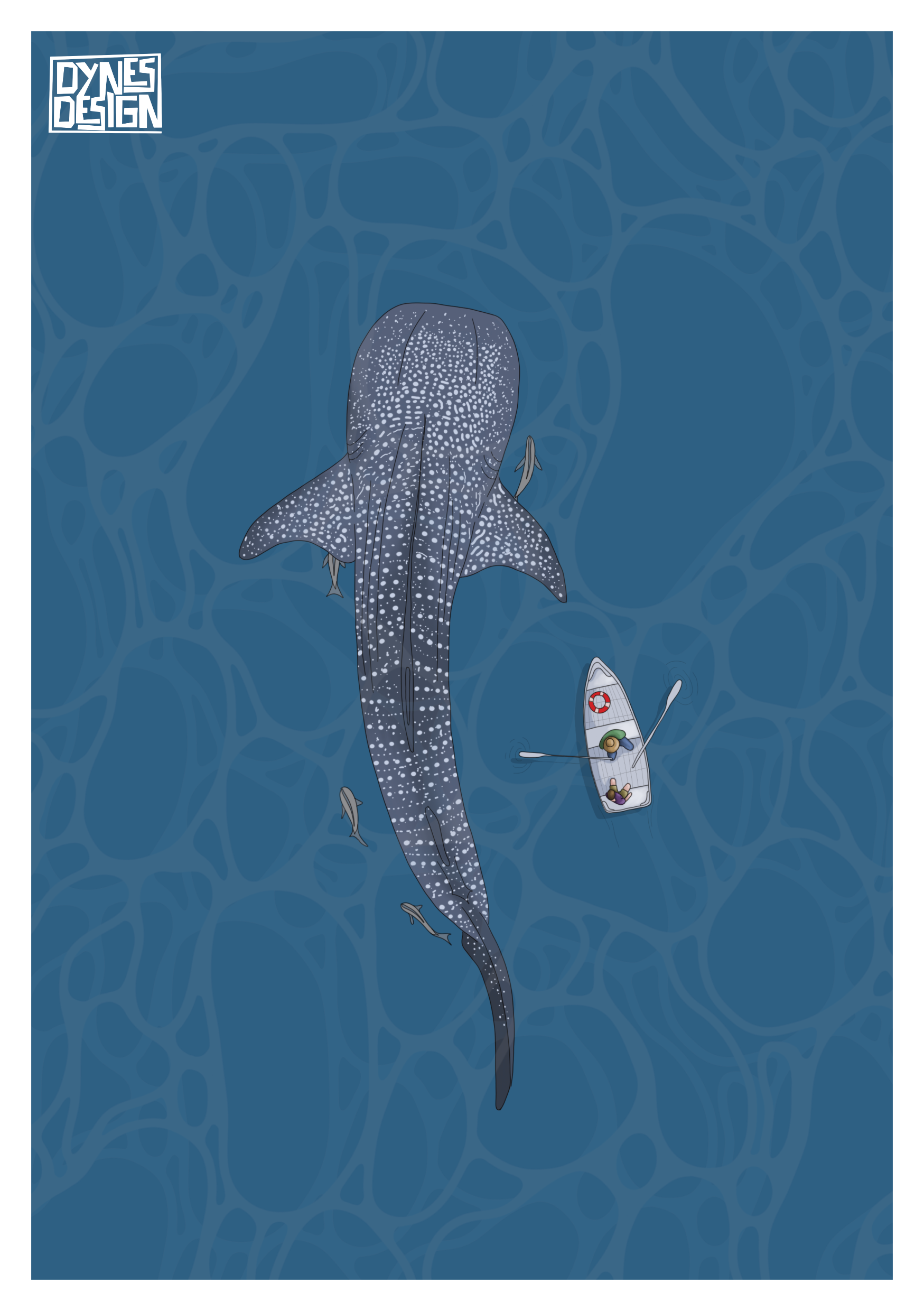 An art print or poster featuring an illustration of a whale shark and a small boat in blue water, with the brand logo 'DYNES DESIGN' in the top-left corner.