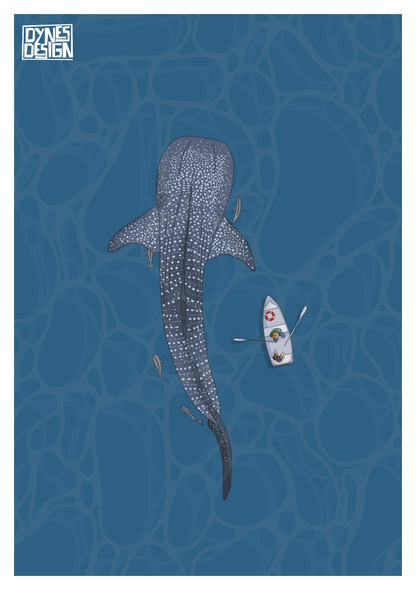An art print or poster featuring an illustration of a whale shark and a small boat in blue water, with the brand logo 'DYNES DESIGN' in the top-left corner.