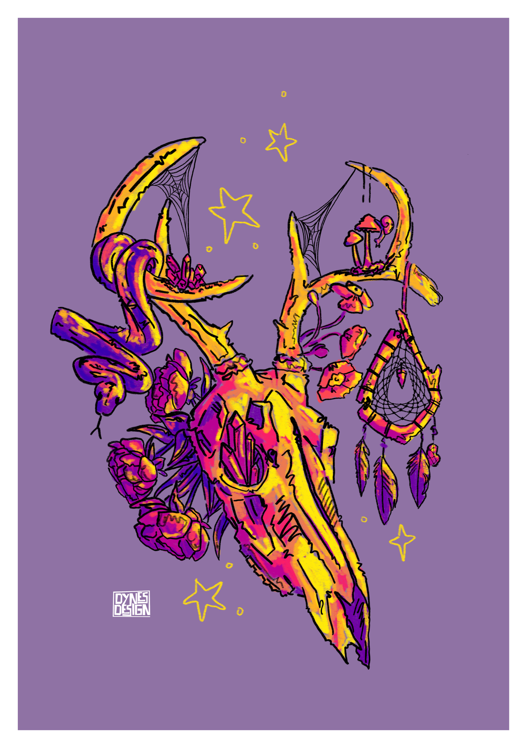 A stylized illustration of a deer skull with antlers, adorned with flowers, webs, crystals and dreamcatchers. There are mushrooms, a little snail, and a snake on the antlers. All on a solid purple background. The artwork uses bright yellow, magenta, and purple tones, with small yellow stars and a visible artist signature in the lower left.